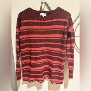 LOFT Burgundy and Pink Striped Crew Neck Sweater, Size XS